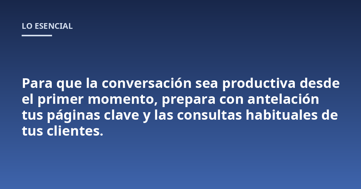 Para que la conversación sea productiva desde el primer momento, prepara con antelación tus páginas clave y las consultas habituales de tus clientes.