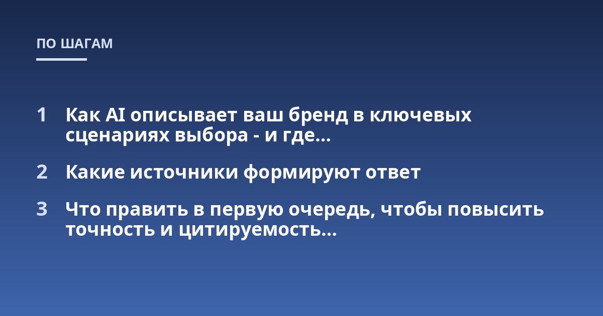 Как AI описывает ваш бренд в ключевых сценариях выбора - и где...; Какие источники формируют ответ; Что править в первую очередь, чтобы повысить точность и цитируемость...