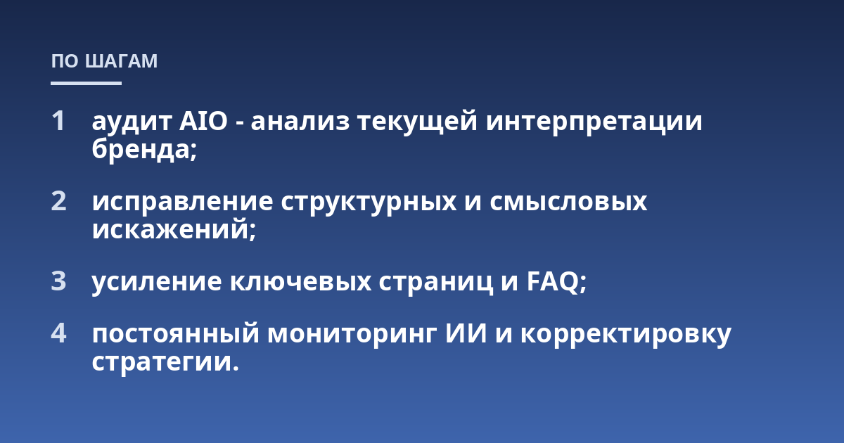аудит AIO - анализ текущей интерпретации бренда;; исправление структурных и смысловых искажений;; усиление ключевых страниц и FAQ;; постоянный мониторинг ИИ и корректировку стратегии.