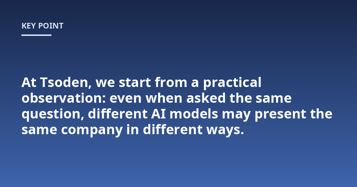 At Tsoden, we start from a practical observation: even when asked the same question, different AI models may present the same company in different ways.
