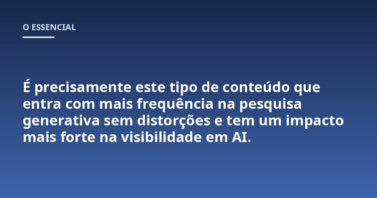 É precisamente este tipo de conteúdo que entra com mais frequência na pesquisa generativa sem distorções e tem um impacto mais forte na visibilidade em AI.