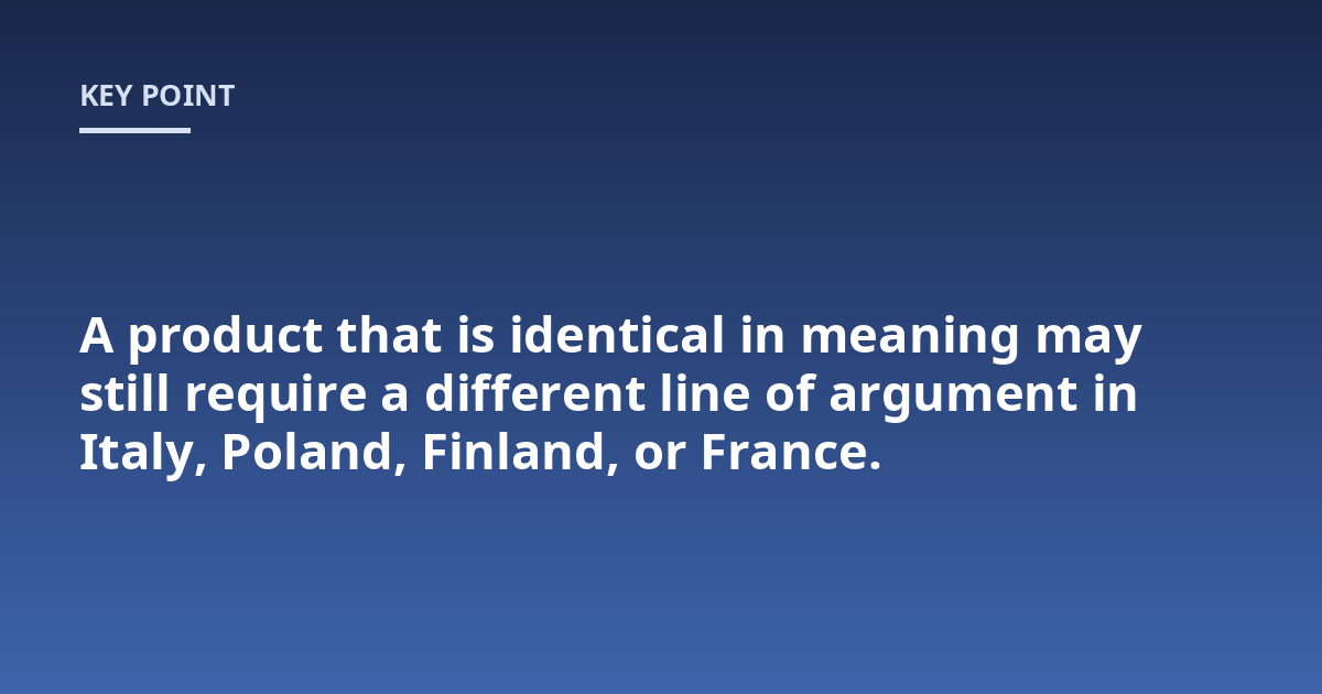 A product that is identical in meaning may still require a different line of argument in Italy, Poland, Finland, or France.