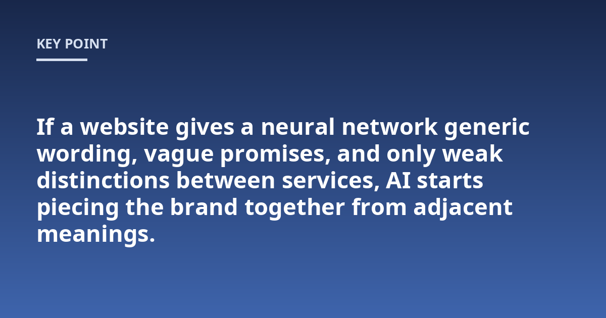 If a website gives a neural network generic wording, vague promises, and only weak distinctions between services, AI starts piecing the brand together from adjacent meanings.